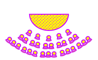 En aula med scen och många stolar sett uppifrån. Illustration